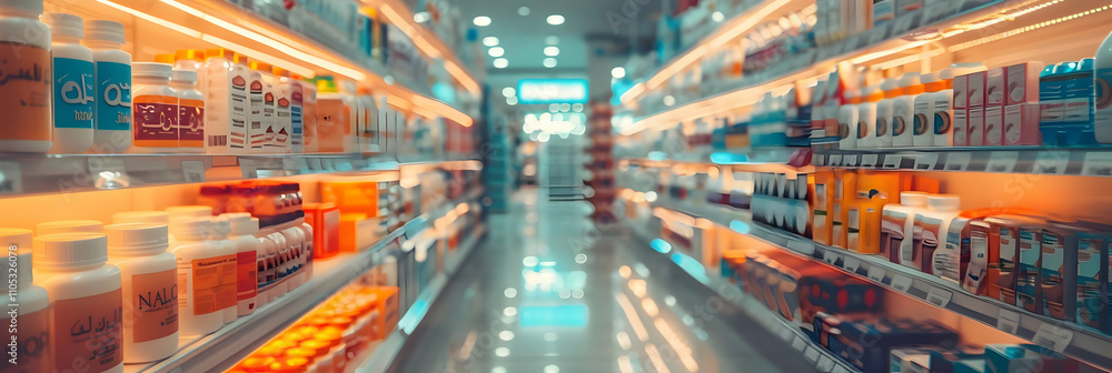 Well-lit Pharmacy Aisles Displaying Rows of Medicine and Health Products Well-lit Pharmacy Aisles Displaying Rows of Medicine and Health Products