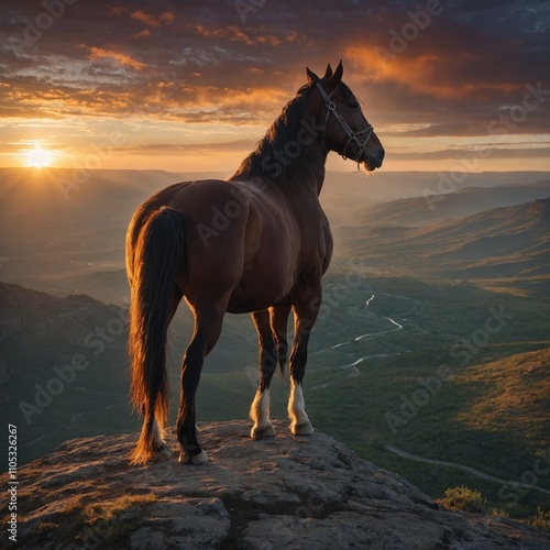 A riderless horse standing on a cliff, overlooking a vast valley with a dramatic sunrise. photo