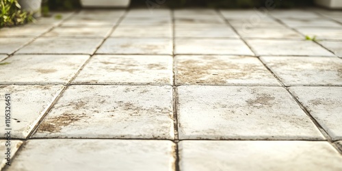 Dirty white tiles on a terrace display an aged and weathered appearance. The white tiles contribute to the overall look of the terrace, highlighting the contrast between cleanliness and wear. photo