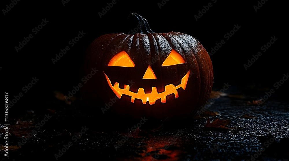 Fototapeta premium A Carved Pumpkin Glowing with a Warm Orange Light on a Dark Night, Surrounded by Fallen Leaves