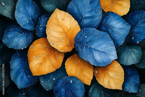 Raindrops Fall on multi colored leaves 
 photo