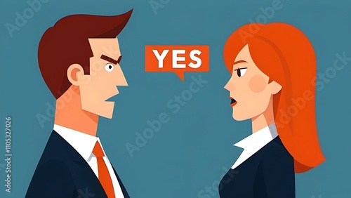 Yes, No argument or disagreement, conflict fight debate, dilemma, dispute or office rivalry war, struggle, negative discussion concept, businessman and woman arguing or fight with yes and no sign