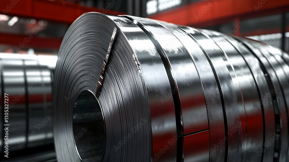 Close-up of Rolled Steel Sheets in a Warehouse with a Blurry Red Background, Industrial Material Storage and Manufacturing, Metal Processing Close-up of Rolled Steel Sheets in a Warehouse with a Blurry Red Background, Industrial Material Storage and Manufacturing, Metal Processing