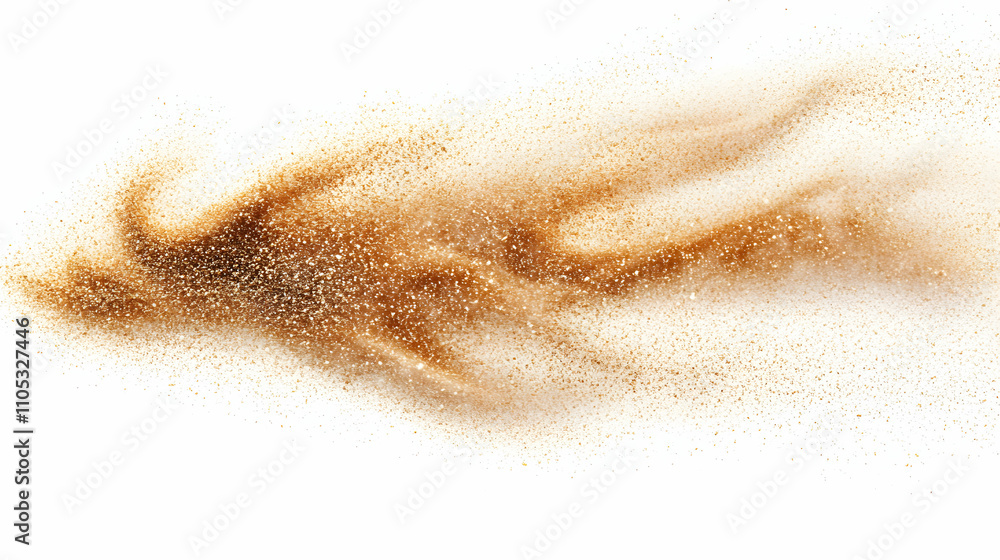 Abstract Brown Sand Explosion with a White Background, Fine Particles Scattered in the Air Abstract Brown Sand Explosion with a White Background, Fine Particles Scattered in the Air