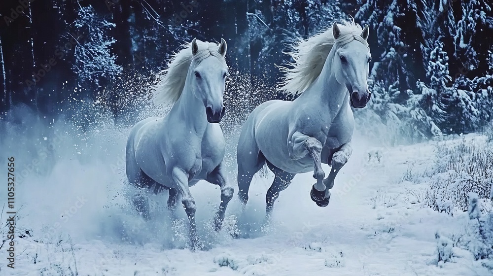 Fototapeta premium Two galloping snow-white horses
