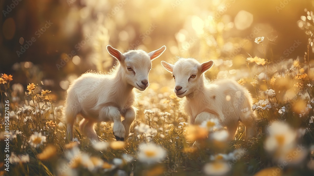 Two little funny baby goats playing in the field with flowers Two little funny baby goats playing in the field with flowers