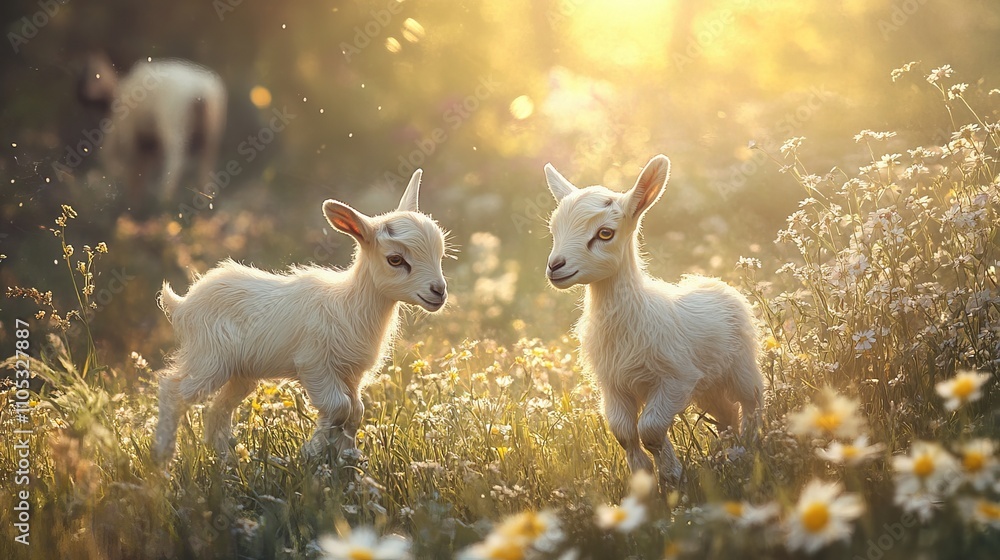 Two little funny baby goats playing in the field with flowers Two little funny baby goats playing in the field with flowers