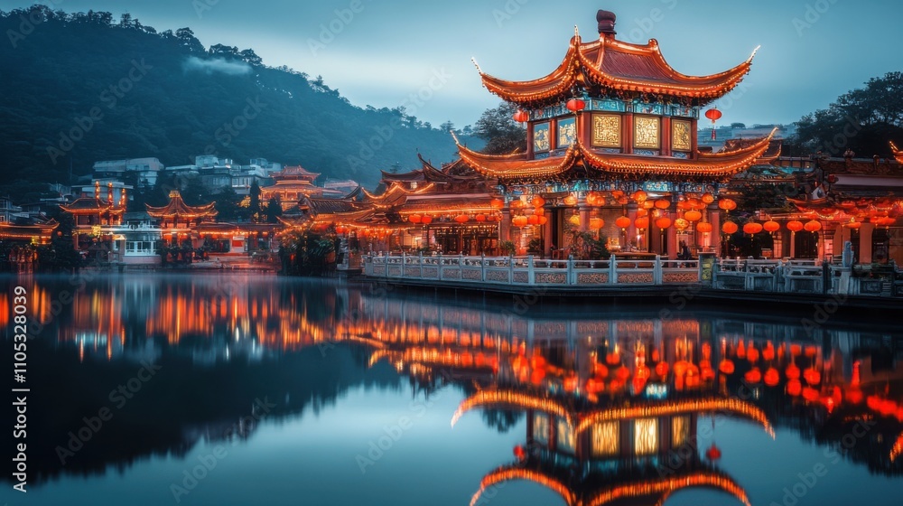 Fototapeta premium Lanterns reflected on temple lake
