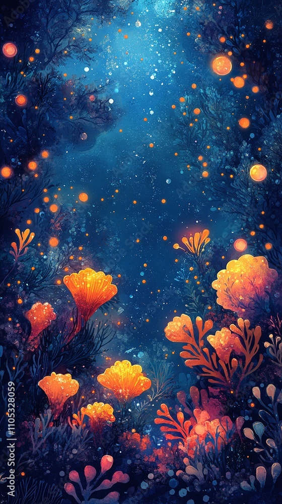 Game level. Cartoon underwater landscape with seaweed, corals, bioluminescent plankton, glowing air bubles. Game mock up image faitytale magic under water background with, corals, shells, blue water Game level. Cartoon underwater landscape with seaweed, corals, bioluminescent plankton, glowing air bubles. Game mock up image faitytale magic under water background with, corals, shells, blue water