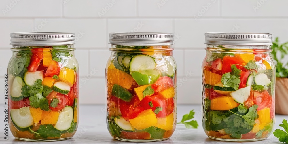 Colorful jars filled with fresh vegetables, including bell peppers, cucumbers, and herbs, arranged on a kitchen countertop, embodying healthy eating and preservation. Colorful jars filled with fresh vegetables, including bell peppers, cucumbers, and herbs, arranged on a kitchen countertop, embodying healthy eating and preservation.