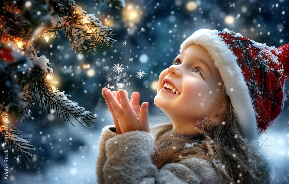 A joyful young girl in a festive Santa hat gazes upward with wonder as she admires falling snowflakes. A joyful young girl in a festive Santa hat gazes upward with wonder as she admires falling snowflakes.