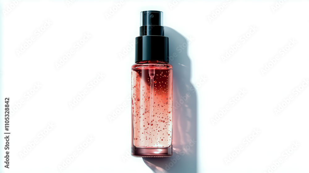 Filled with semi-transparent pink liquid containing pearl particles that shimmer, set against a clean white background. Filled with semi-transparent pink liquid containing pearl particles that shimmer, set against a clean white background.