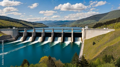 Video footage of large dam with multiple spillways releasing water into a river, surrounded by lush green hills and a clear blue sky with scattered clouds
