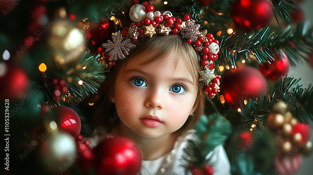 A young girl with striking blue eyes and a delicate gold leaf headband gazes softly at the camera in front of a Christmas tree. A young girl with striking blue eyes and a delicate gold leaf headband gazes softly at the camera in front of a Christmas tree.