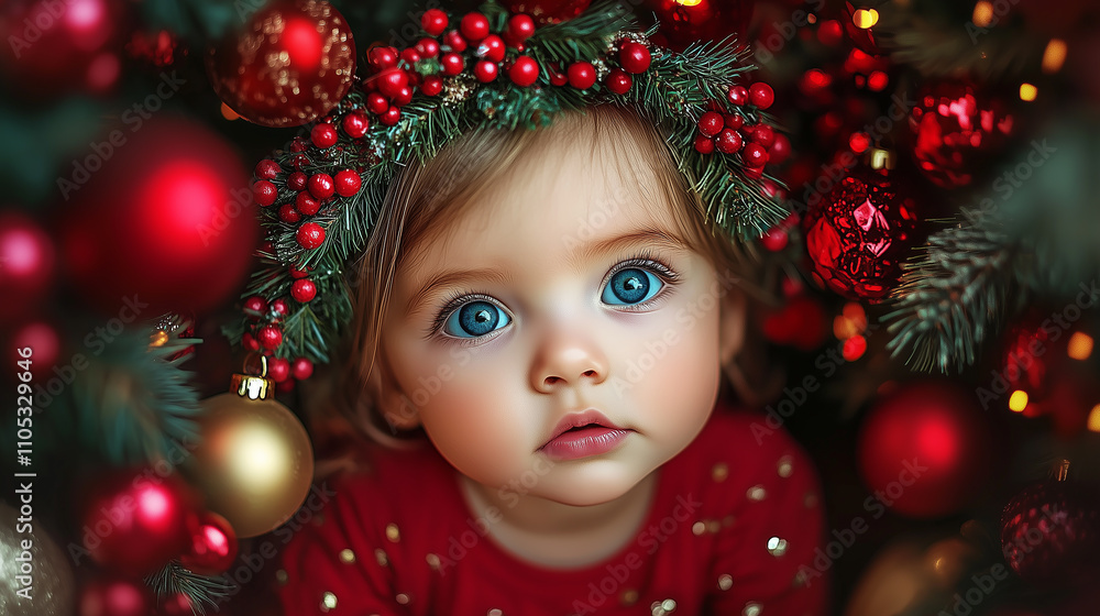 A young girl with striking blue eyes and a delicate gold leaf headband gazes softly at the camera in front of a Christmas tree. A young girl with striking blue eyes and a delicate gold leaf headband gazes softly at the camera in front of a Christmas tree.