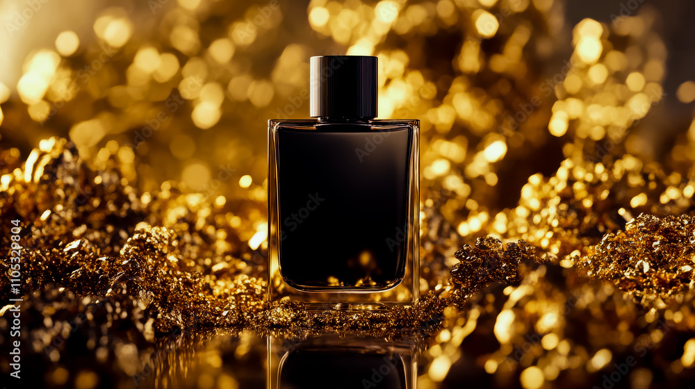 Black perfume bottle placed in the center, surrounded by gold ore on all sides. Black perfume bottle placed in the center, surrounded by gold ore on all sides.