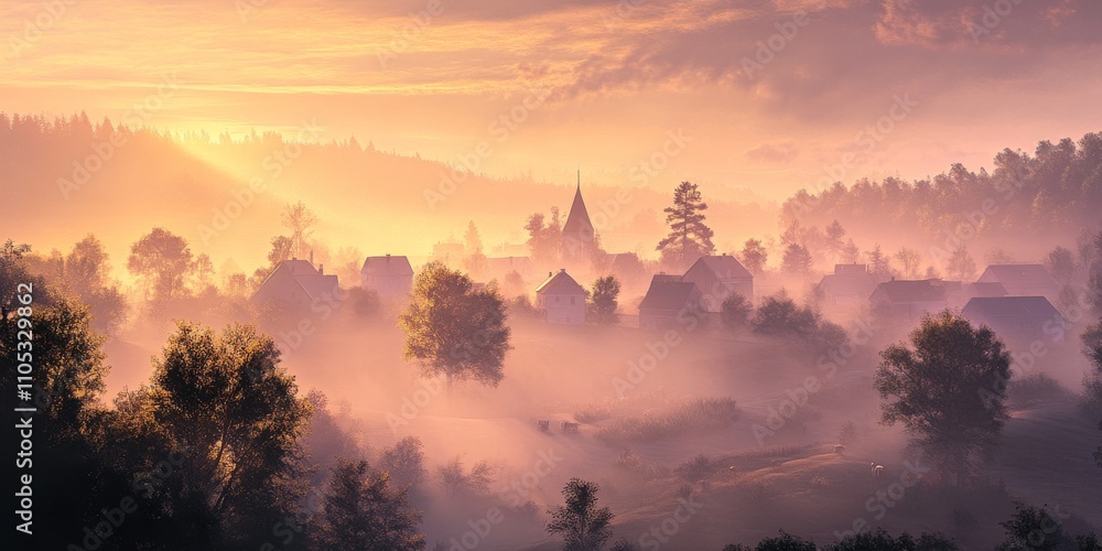 Obraz premium Misty village landscape at sunrise showcasing the beauty of fog in the early morning. The serene fog in the village creates a captivating scene during sunrise. Fog enhances the picturesque moment.