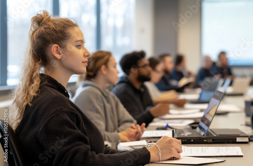 Call center agent training session, with a diverse group of new hires taking notes while an instructor presents on a screen. Bright, inviting office ambiance photo