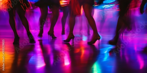 Dynamic blurred silhouette of legs in motion captures the energy of dancing people within a vibrant disco hall, illuminated by multi colored iridescent lights, enhancing the lively dance atmosphere. photo