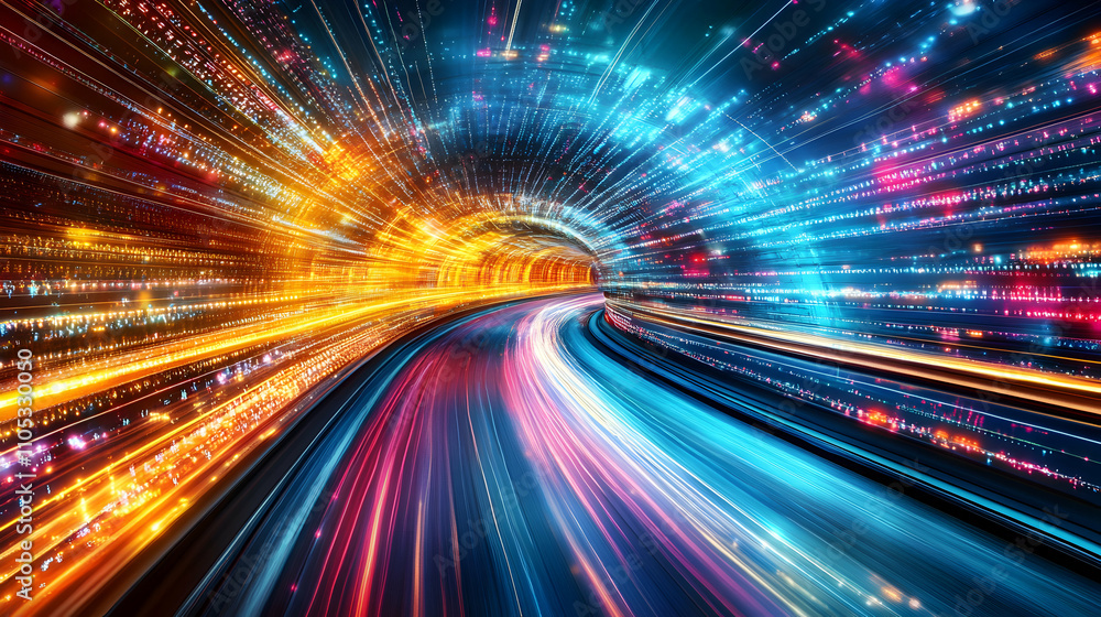 Abstract 3D Digital Tunnel Illustration with Colorful Neon Lights and Speed Lines Effect Abstract 3D Digital Tunnel Illustration with Colorful Neon Lights and Speed Lines Effect