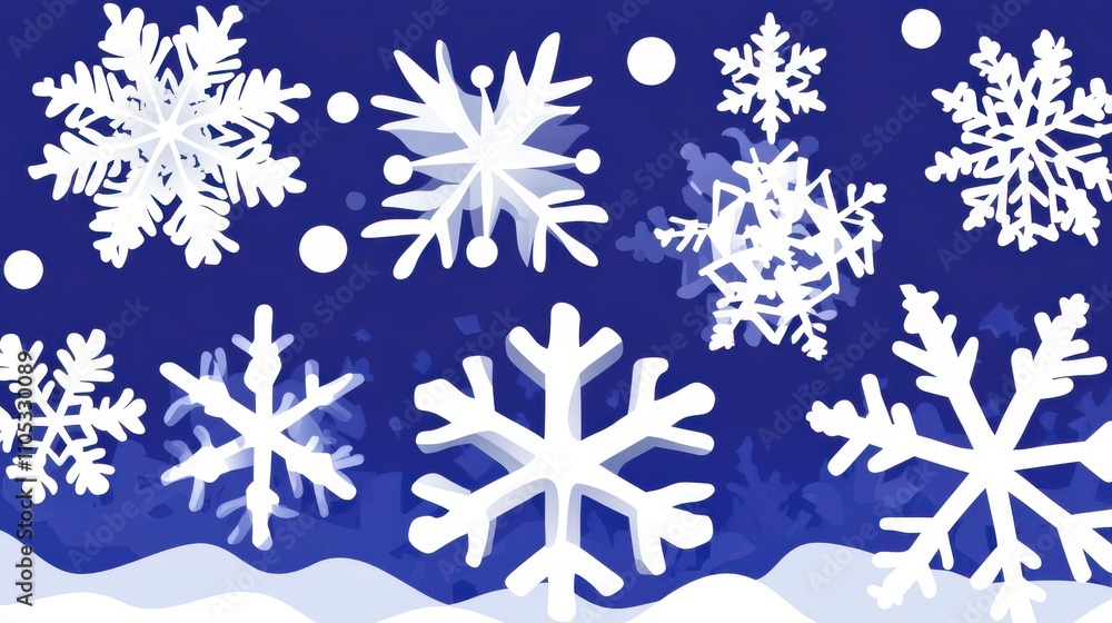 Beautiful Collection of Unique Snowflakes on a Deep Blue Background, Ideal for Winter and Holiday Themes, Decorations, and Designs for Various Projects Beautiful Collection of Unique Snowflakes on a Deep Blue Background, Ideal for Winter and Holiday Themes, Decorations, and Designs for Various Projects