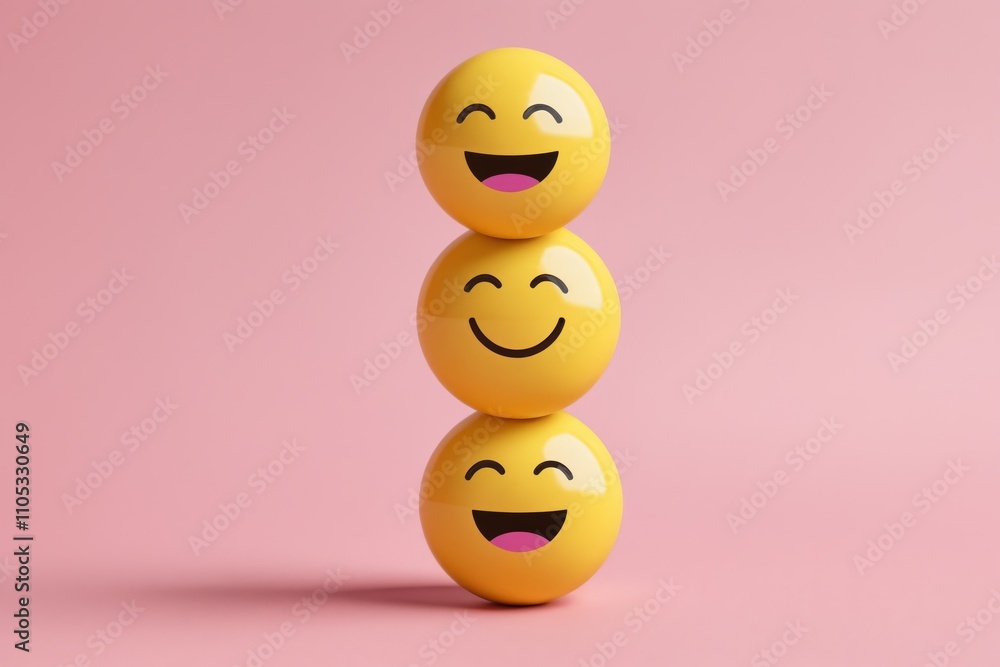 Three yellow emoji spheres stacked, smiling expressions, pink background Three yellow emoji spheres stacked, smiling expressions, pink background