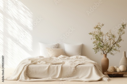 White pillows on wooden bed in minimal bedroom interior with plants and round rug. Real photo