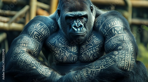 A muscular gorilla with intricate tribal tattoos sits thoughtfully in a natural setting. photo