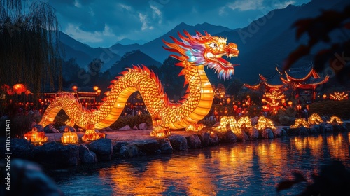 Lantern dragon display by mountain stream