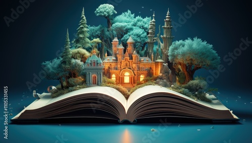 3D pop-up book with illustration on the theme of a castle and a fairy tale. fairytale 3d castle stands on an open book.