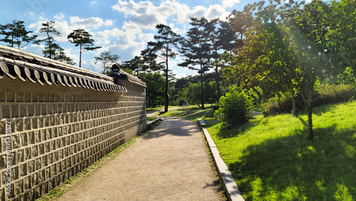 Beautiful Garden in Gyeongbokgung Palace, with blue sky on a sunny day, in Seoul, Korea	
