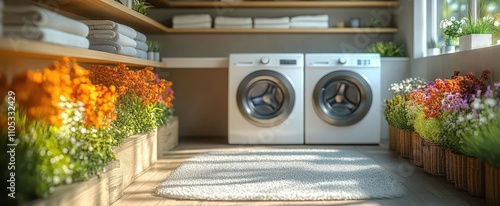 minimalist white countertop in a laundry room designed for product presentation framed by a washing machine and neatly organized shelves showcasing clothes and plants photo