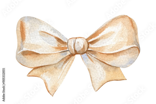 Watercolor satin beige bow. Holiday design isolated. Beautiful watercolor illustration decoration, hand-painted clipart