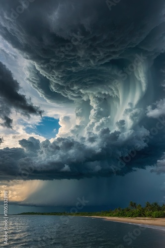 Cloudy storm in the sea before rainy.tornado storms cloud above the sea. Monsoon season. Storm in the sea.Wonder of natural disaster.Cloud before rain,Sky before the storm.use for background wallpaper photo