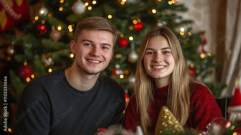 A married couple at home against the backdrop of a decorated Christmas tree A married couple at home against the backdrop of a decorated Christmas tree