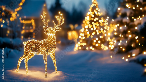 An outdoor Christmas display featuring a glowing reindeer and a beautifully lit tree in a snowy setting. photo