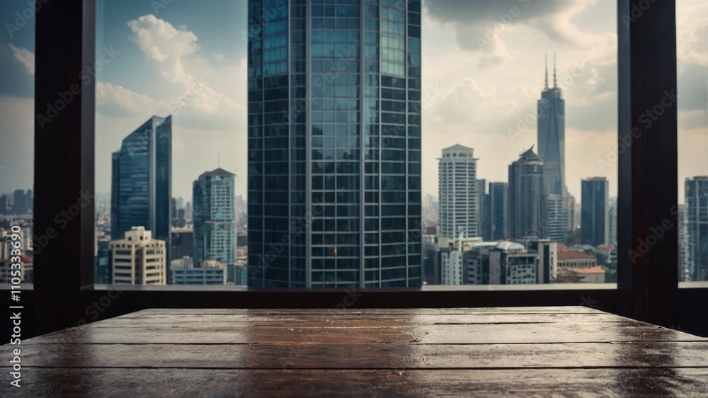empty wooden table top in foreground with wet transparent window glass, highrise buildings view on background. counter bar foreg empty wooden table top in foreground with wet transparent window glass, highrise buildings view on background. counter bar foreg