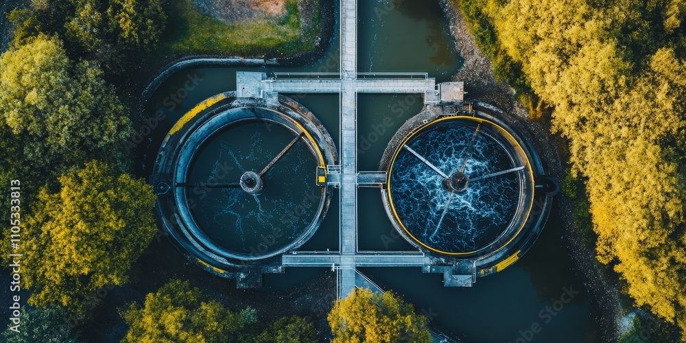 Aerial view of a sewage treatment plant showcasing grey water recycling and effective waste management practices, highlighting innovations in sewage treatment plant operations and procedures.