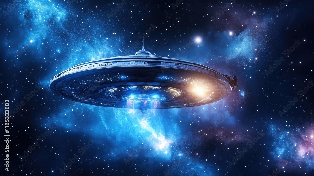 Spaceship with advanced shield technology activated, glowing in space Spaceship with advanced shield technology activated, glowing in space