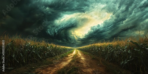 Dramatic storm clouds loom over a cornfield, showcasing the intensity of a supercell during a severe tornado warning, capturing the essence of nature s power and the beauty of stormy skies. photo