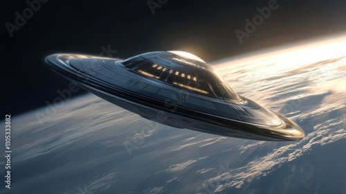 Spaceship with advanced radar systems scanning the surface of a planet