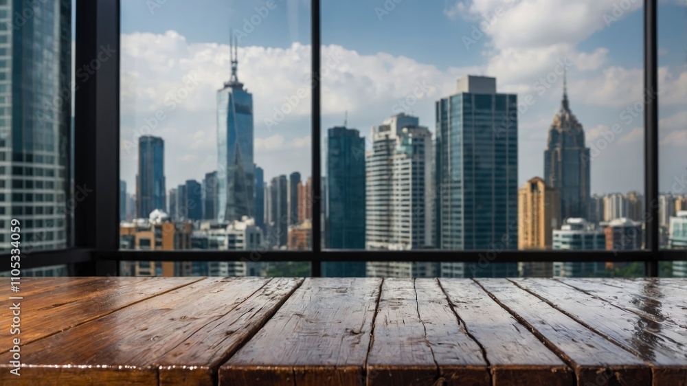 empty wooden table top in foreground with wet transparent window glass, highrise buildings view on background. counter bar foreg empty wooden table top in foreground with wet transparent window glass, highrise buildings view on background. counter bar foreg