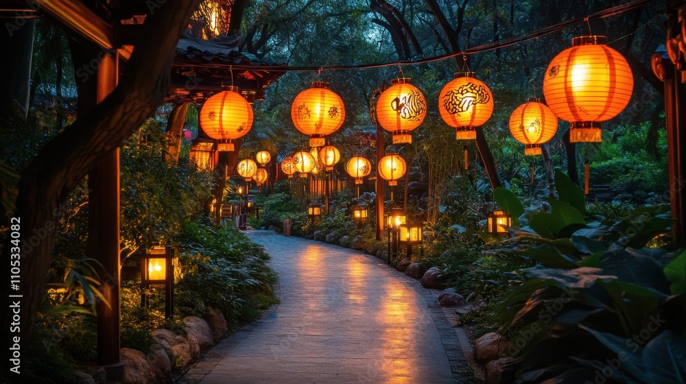 Lantern-lit garden trail with zodiac symbols Lantern-lit garden trail with zodiac symbols
