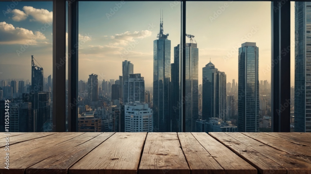 empty wooden table top in foreground with wet transparent window glass, highrise buildings view on background. counter bar foreg empty wooden table top in foreground with wet transparent window glass, highrise buildings view on background. counter bar foreg