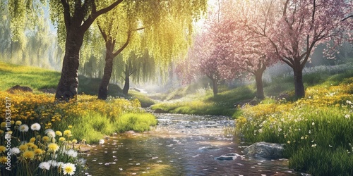 Blooming cherry trees and lush green willow trees line a gentle stream that flows through a vibrant spring meadow, filled with dandelions and clover flowers, as sunlight filters through soft mist. photo