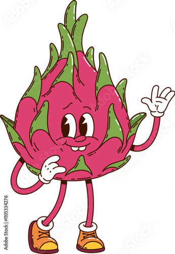 Cartoon groovy tropical dragon fruit character. Isolated vector pitahaya or dragonfruit retro personage with expressive face, standing in playful pose, smiling and wearing trendy, hippie sneakers