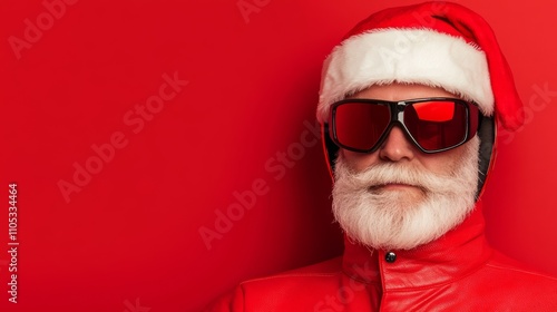 Biker Santa with a motorcycle helmet and beard.