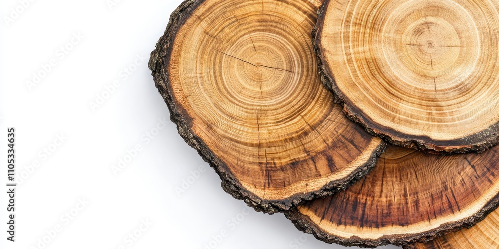 Pine tree cross sections showcasing detailed annual rings are presented on a white background. This close up of the lumber piece highlights the beauty of pine tree cross sections.