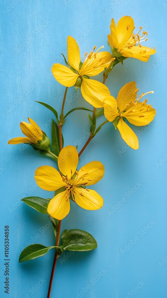 A yellow flower with long stamens on the right side of an isolated blue background A yellow flower with long stamens on the right side of an isolated blue background