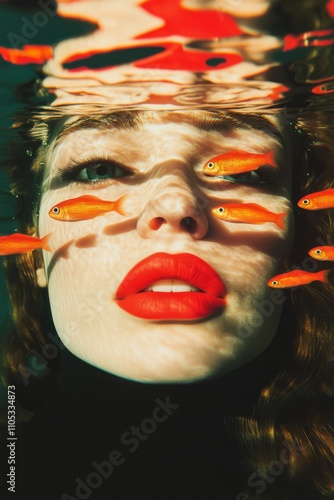 A woman with long colorful hair floating underwater with fish coming out of her mouth. photo